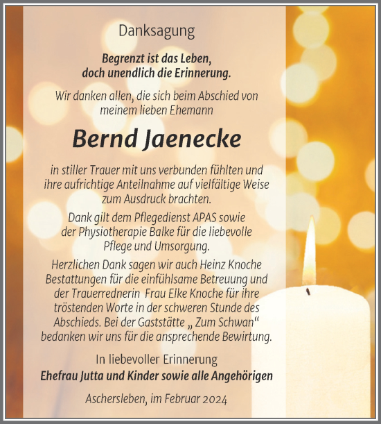 Traueranzeige von Bernd Jaenecke von Trauerkombi Aschersleben