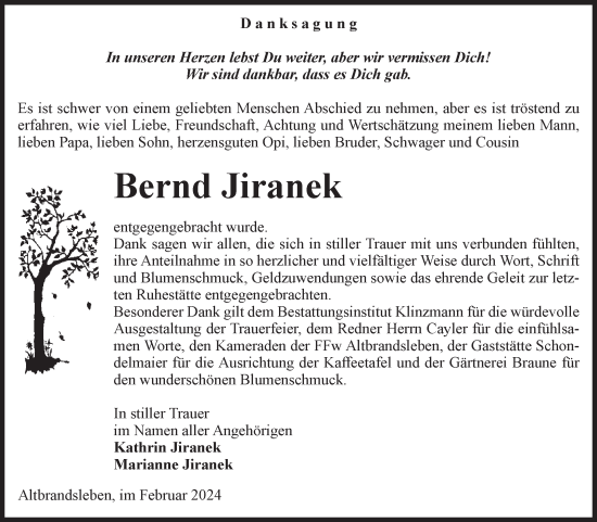 Traueranzeige von Bernd Jiranek von Volksstimme Oschersleben/Wanzleben