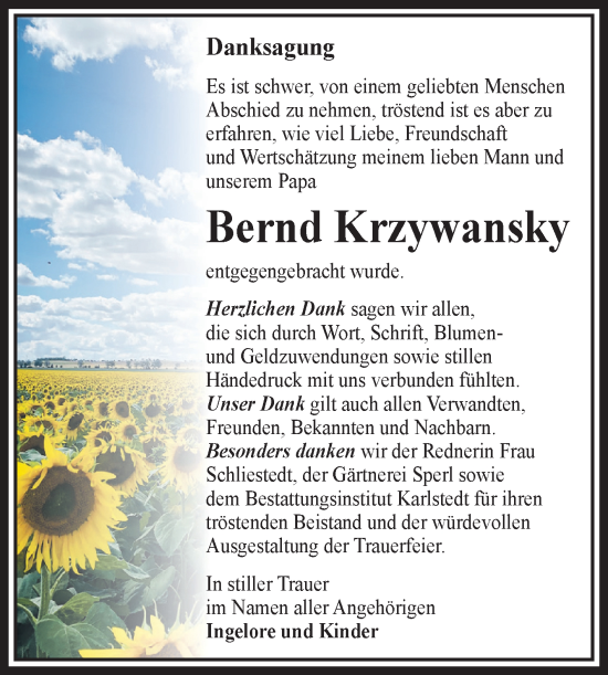 Traueranzeige von Bernd Krzywansky von Volksstimme Schönebeck