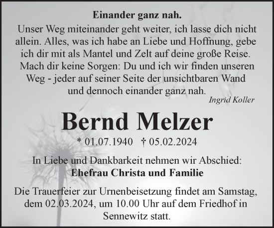 Traueranzeige von Bernd Melzer von Mitteldeutsche Zeitung Halle/Saalkreis