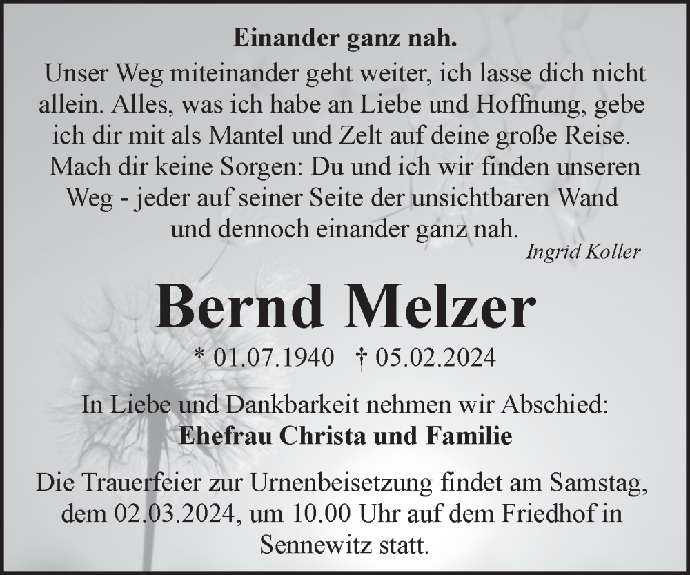  Traueranzeige für Bernd Melzer vom 17.02.2024 aus Mitteldeutsche Zeitung Halle/Saalkreis
