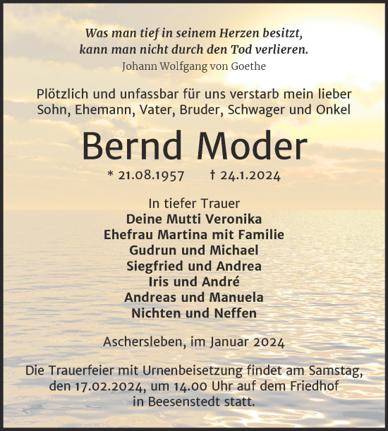 Traueranzeige von Bernd Moder von Trauerkombi Aschersleben