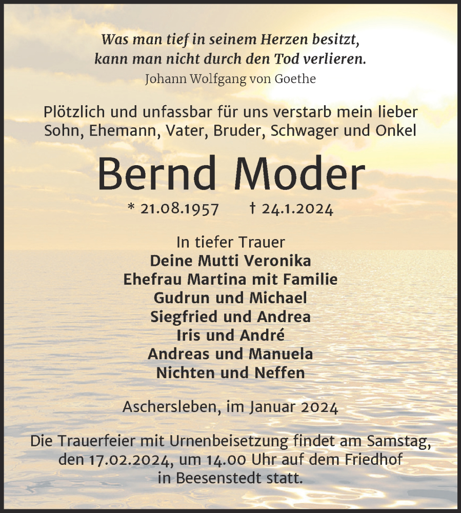  Traueranzeige für Bernd Moder vom 03.02.2024 aus Trauerkombi Aschersleben
