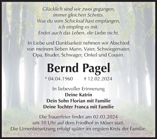 Traueranzeige von Bernd Pagel von Volksstimme Burg/Genthin