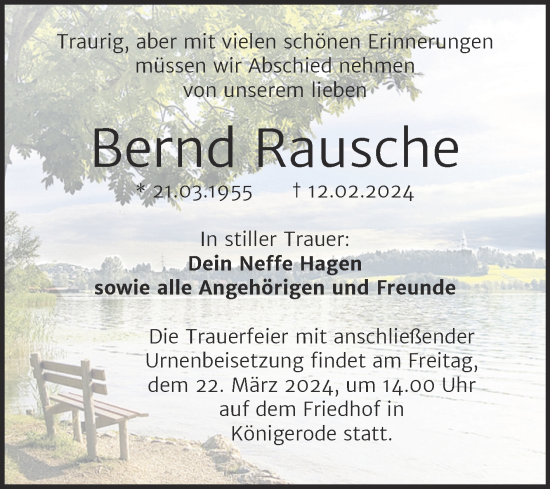 Traueranzeige von Bernd Rausche von Trauerkombi Quedlinburg
