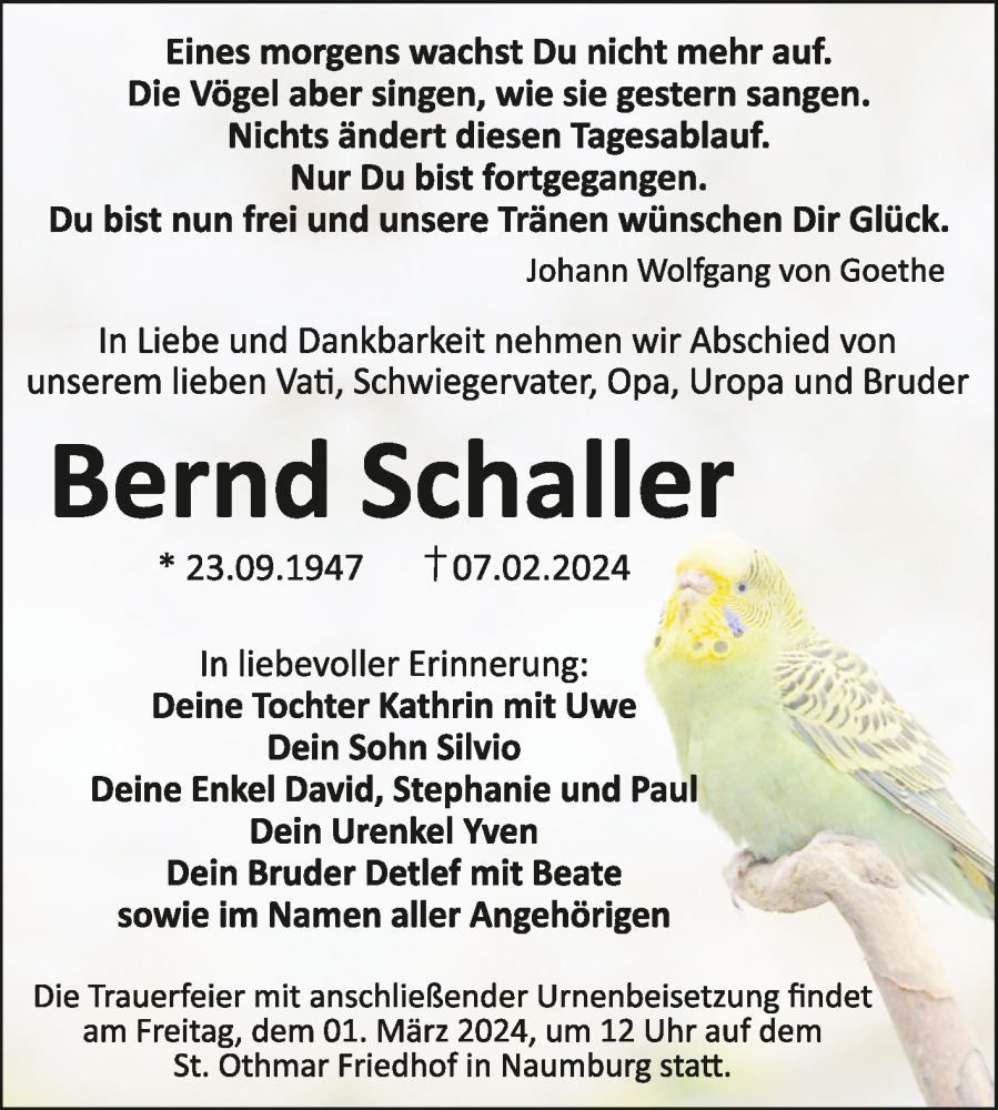  Traueranzeige für Bernd Schaller vom 17.02.2024 aus Naumburger Tageblatt