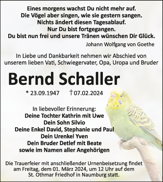 Traueranzeige von Bernd Schaller von Naumburger Tageblatt