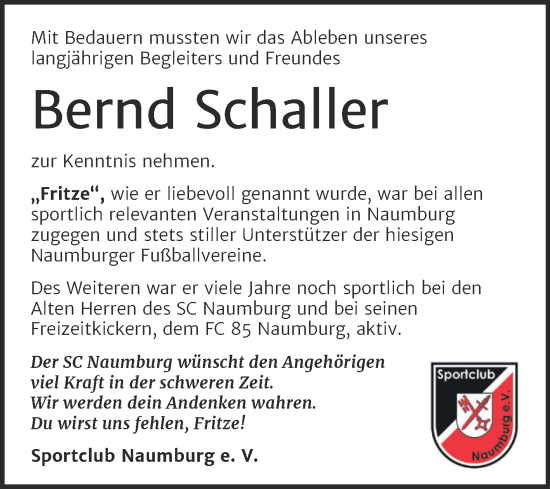Traueranzeige von Bernd Schaller von Naumburger Tageblatt