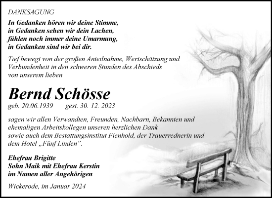 Traueranzeige von Bernd Schösse von Trauerkombi Sangerhausen