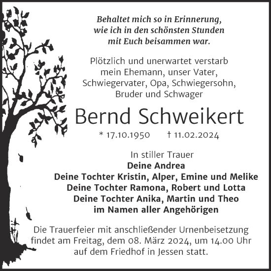 Traueranzeige von Bernd Schweikert von Trauerkombi Wittenberg