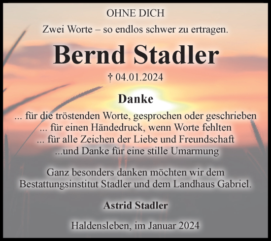 Traueranzeige von Bernd Stadler von Volksstimme Haldensleben/Wolmirstedt