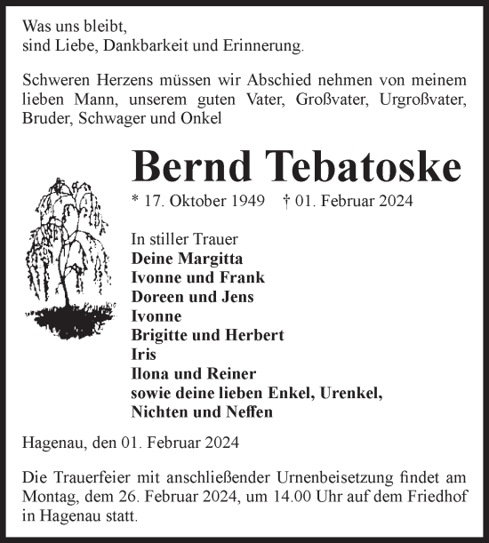 Traueranzeige von Bernd Tebatoske von Volksstimme Altmark West
