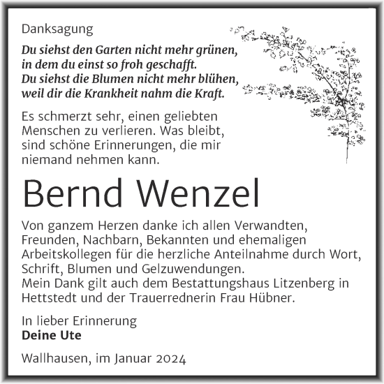 Traueranzeige von Bernd Wenzel von Trauerkombi Sangerhausen