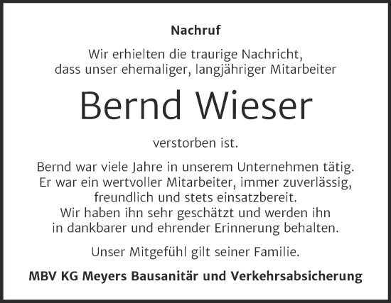Traueranzeige von Bernd Wieser von Mitteldeutsche Zeitung Quedlingburg