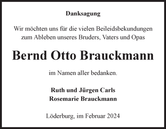 Traueranzeige von Bernd Otto Brauckmann von Volksstimme Staßfurt