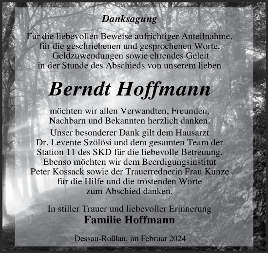 Traueranzeige von Berndt Hoffmann von Trauerkombi Dessau