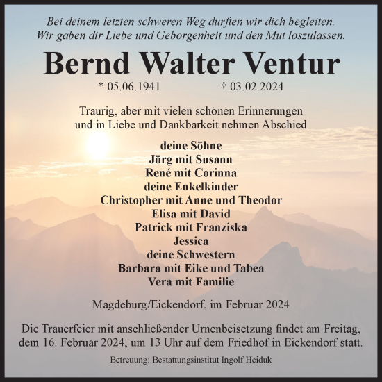 Traueranzeige von Bernd Walter Ventur von Volksstimme Magdeburg