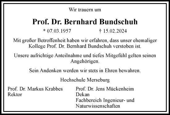 Traueranzeige von Bernhard Bundschuh von Mitteldeutsche Zeitung Merseburg/Querfurt