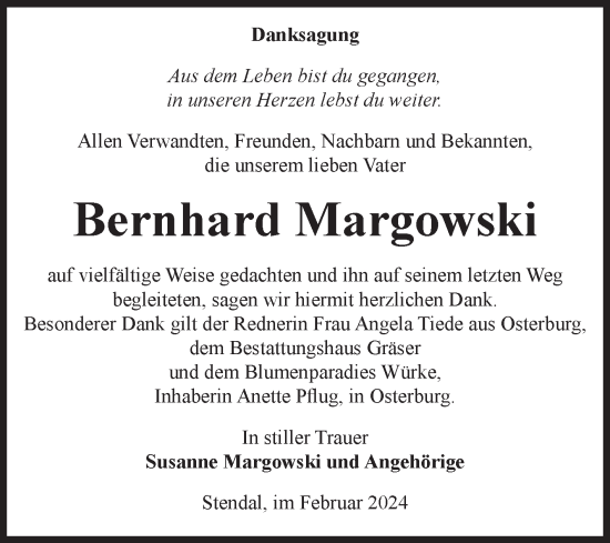 Traueranzeige von Bernhard Margowski von Volksstimme Altmark Ost