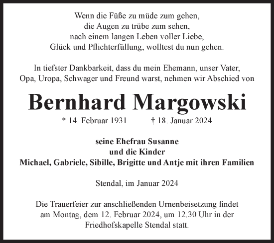 Traueranzeige von Bernhard Margowski von Volksstimme Altmark Ost