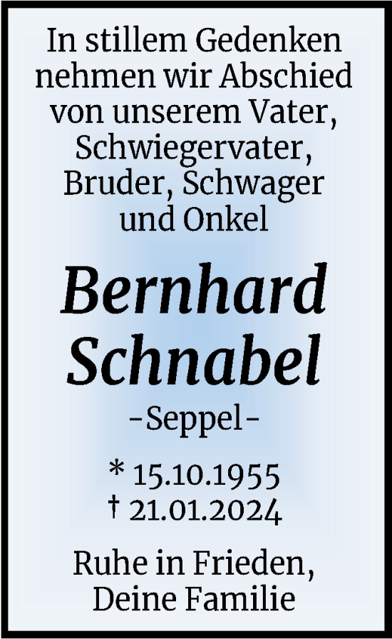 Traueranzeige von Bernhard Schnabel von Trauerkombi Aschersleben