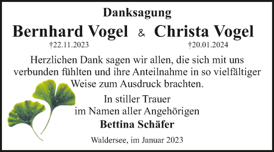 Traueranzeige von Bernhard und Christa Vogel von Trauerkombi Dessau