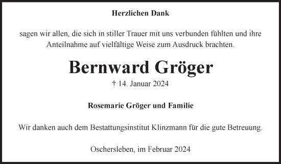 Traueranzeige von Bernward Gröger von Volksstimme Oschersleben/Wanzleben
