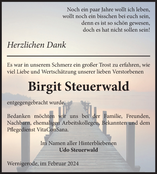 Traueranzeige von Birgit Steuerwald von Volksstimme Wernigerode