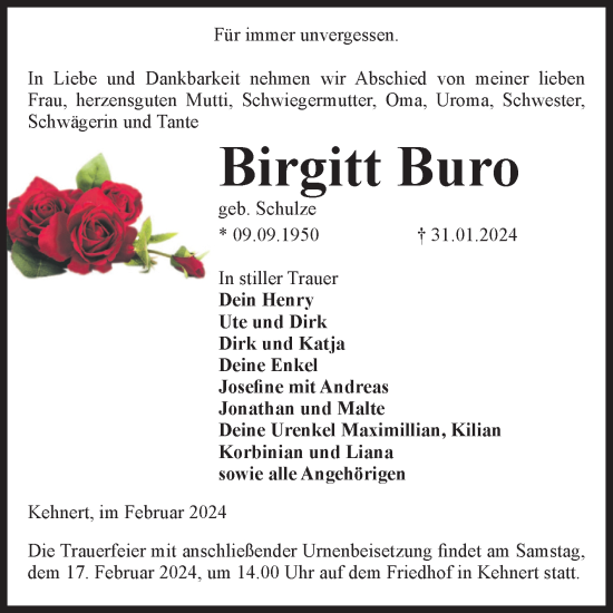 Traueranzeige von Birgitt Buro von Volksstimme Altmark Ost