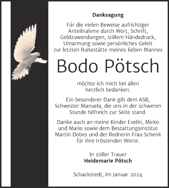 Traueranzeige von Bodo Pötsch von Trauerkombi Aschersleben