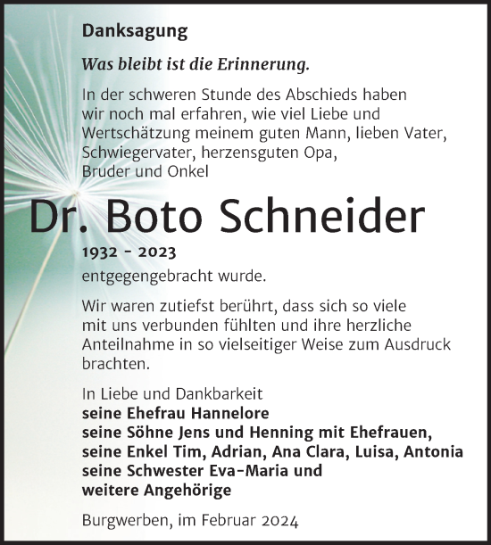 Traueranzeige von Boto Schneider von Trauerkombi Weißenfels