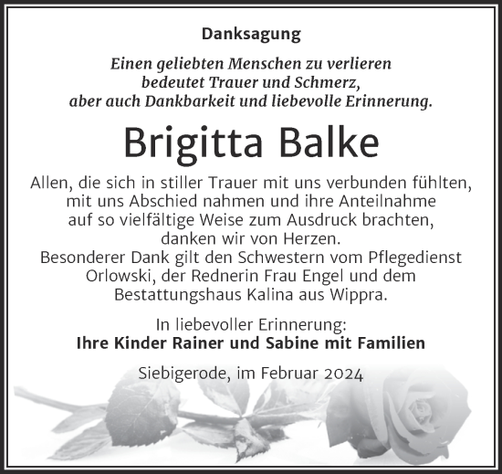 Traueranzeige von Brigitta Balke von Trauerkombi Mansfelder Land