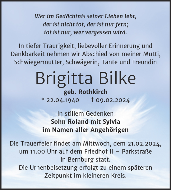 Traueranzeige von Brigitta Bilke von Trauerkombi Bernburg