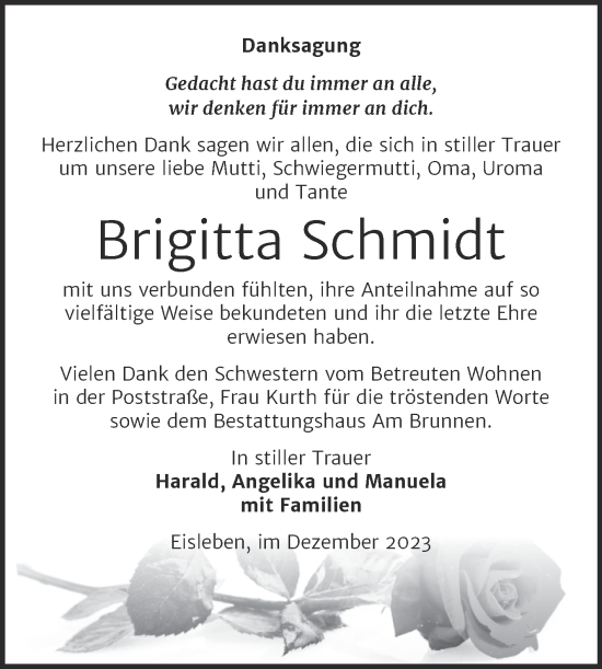 Traueranzeige von Brigitta Schmidt von Trauerkombi Mansfelder Land