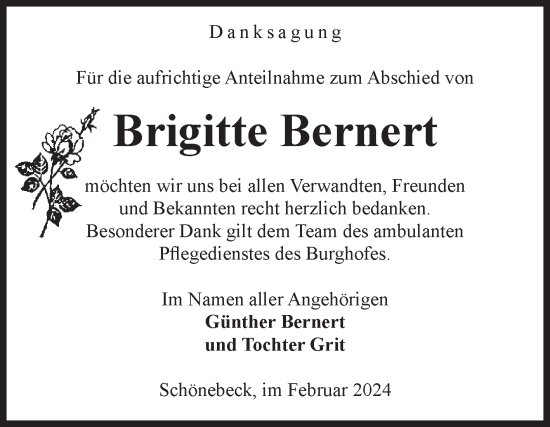 Traueranzeige von Brigitte Bernert von Volksstimme Schönebeck