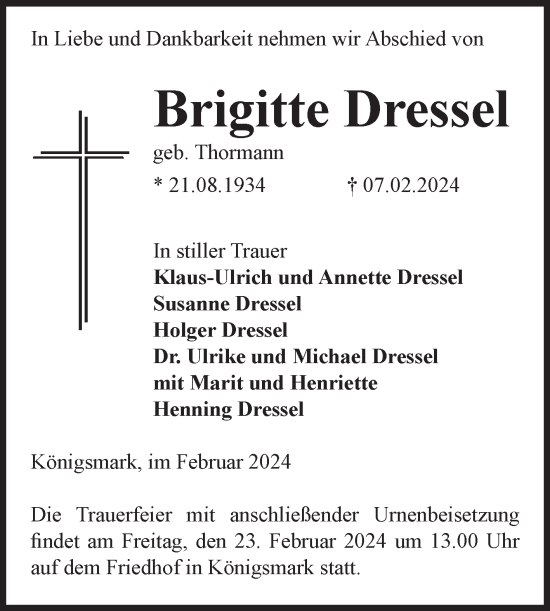 Traueranzeige von Brigitte Dressel von Volksstimme Altmark Ost