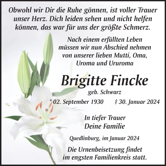 Traueranzeige von Brigitte Fincke von Trauerkombi Quedlinburg