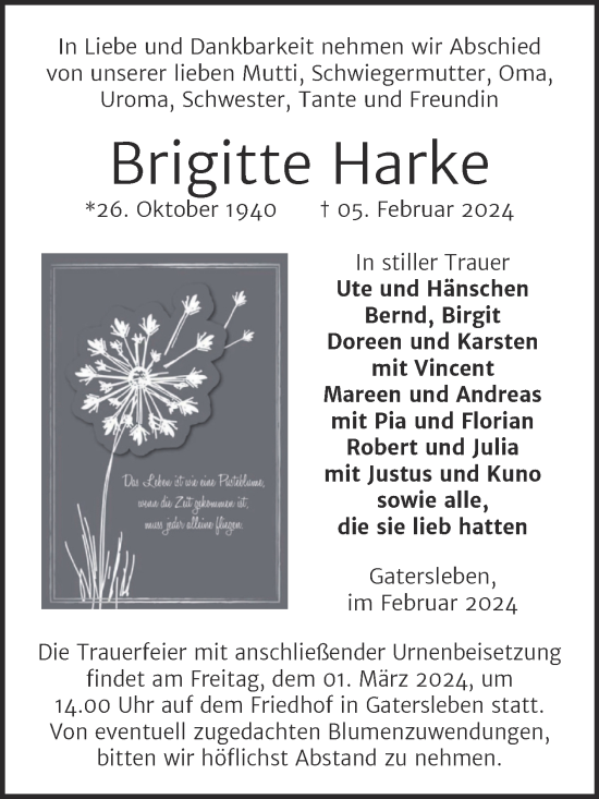 Traueranzeige von Brigitte Harke von Trauerkombi Aschersleben