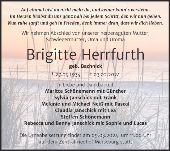 Traueranzeige von Brigitte Herrfurth von Trauerkombi Merseburg
