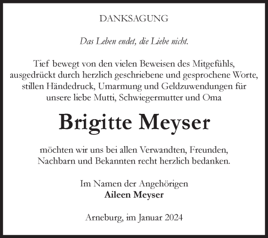 Traueranzeige von Brigitte Meyser von Volksstimme Altmark Ost