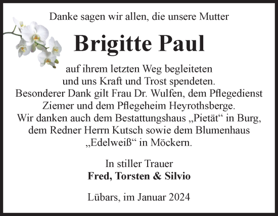 Traueranzeige von Brigitte Paul von Volksstimme Burg/Genthin
