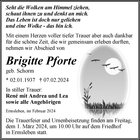 Traueranzeige von Brigitte Pforte von Trauerkombi Quedlinburg