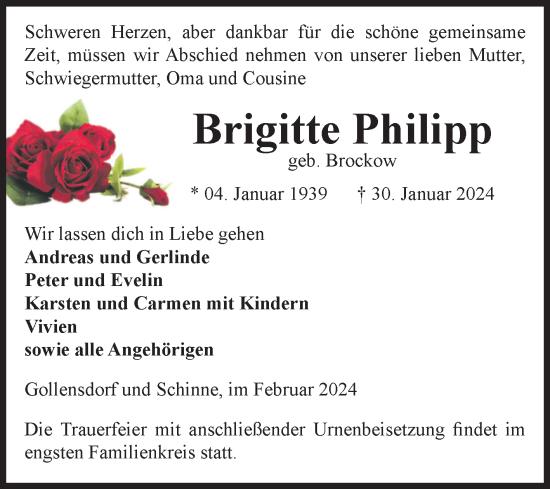 Traueranzeige von Brigitte Philipp von Volksstimme Altmark Ost