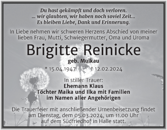 Traueranzeige von Brigitte Reinicke von Mitteldeutsche Zeitung Halle/Saalkreis