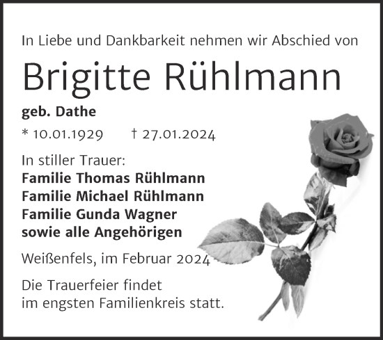 Traueranzeige von Brigitte Rühlmann von Trauerkombi Weißenfels