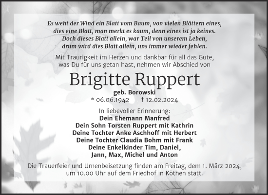 Traueranzeige von Brigitte Ruppert von Trauerkombi Köthen