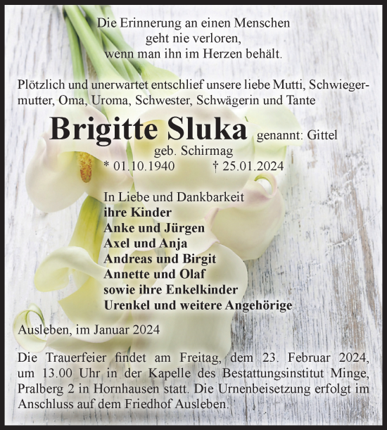 Traueranzeige von Brigitte Sluka von Volksstimme Oschersleben/Wanzleben