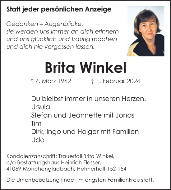 Traueranzeige von Brita Winkel von Volksstimme Altmark Ost