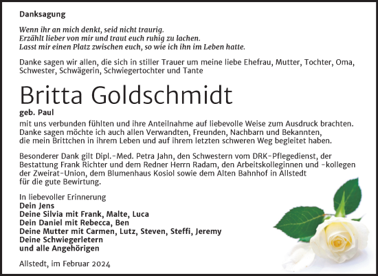 Traueranzeige von Britta Goldschmidt von Trauerkombi Sangerhausen