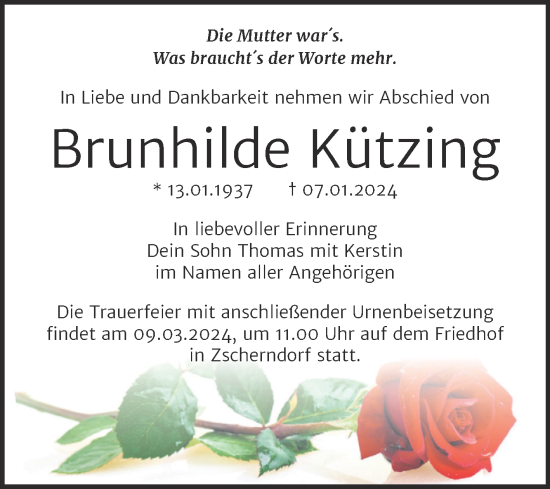 Traueranzeige von Brunhilde Kützing von Trauerkombi Bitterfeld